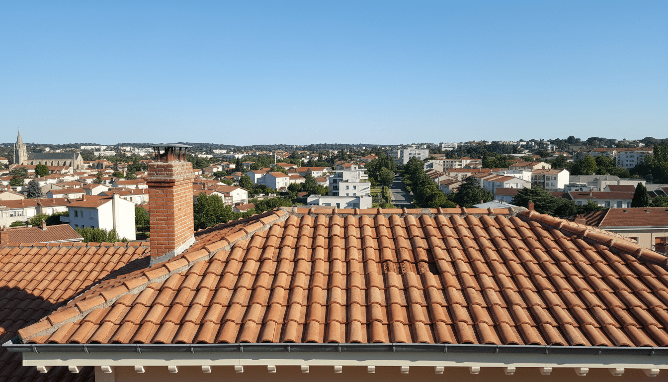 Toiture en tuiles réparée sous un ciel bleu à Blagnac