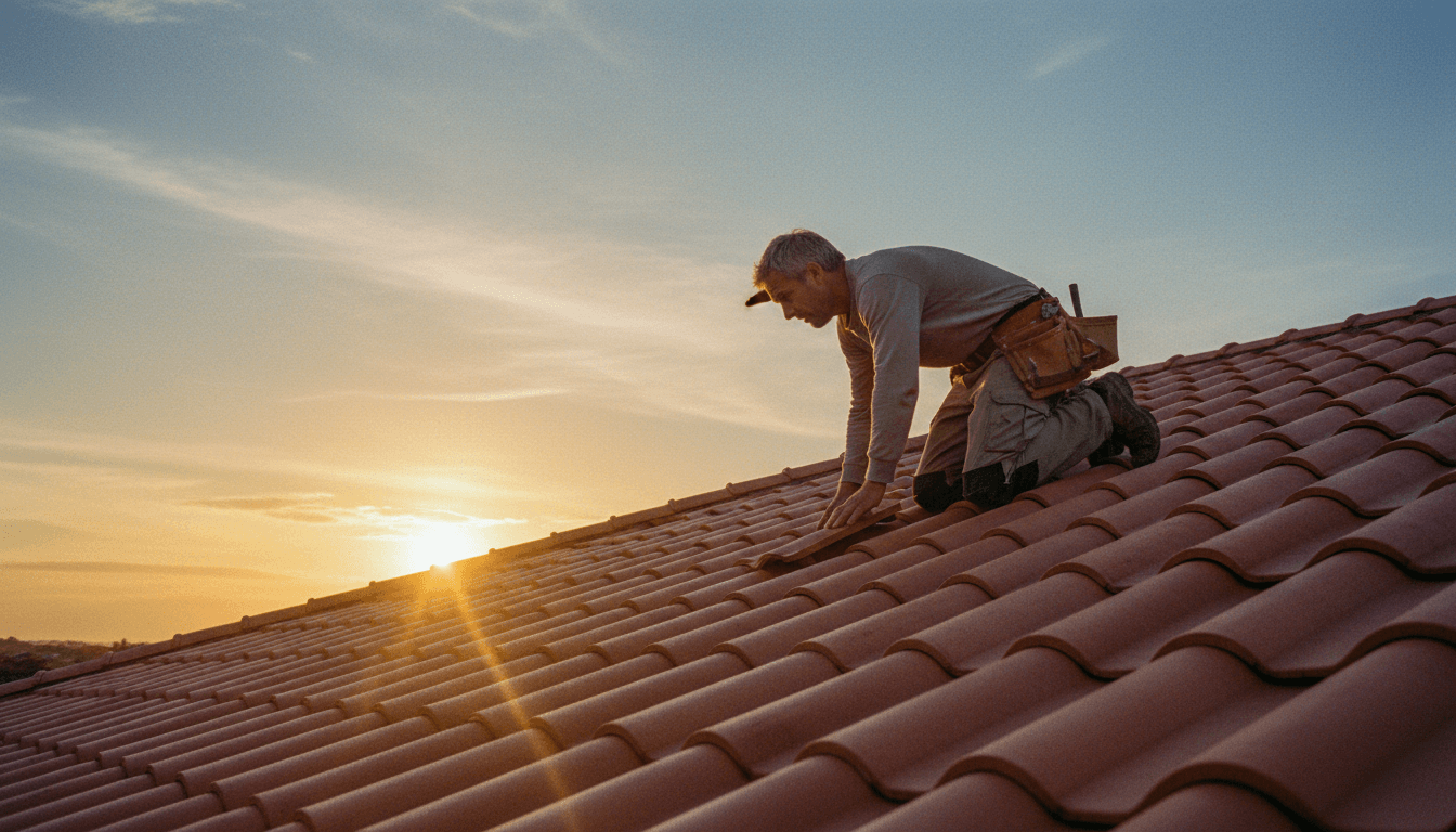 Couvreur inspectant une toiture en tuiles au coucher du soleil à Blagnac