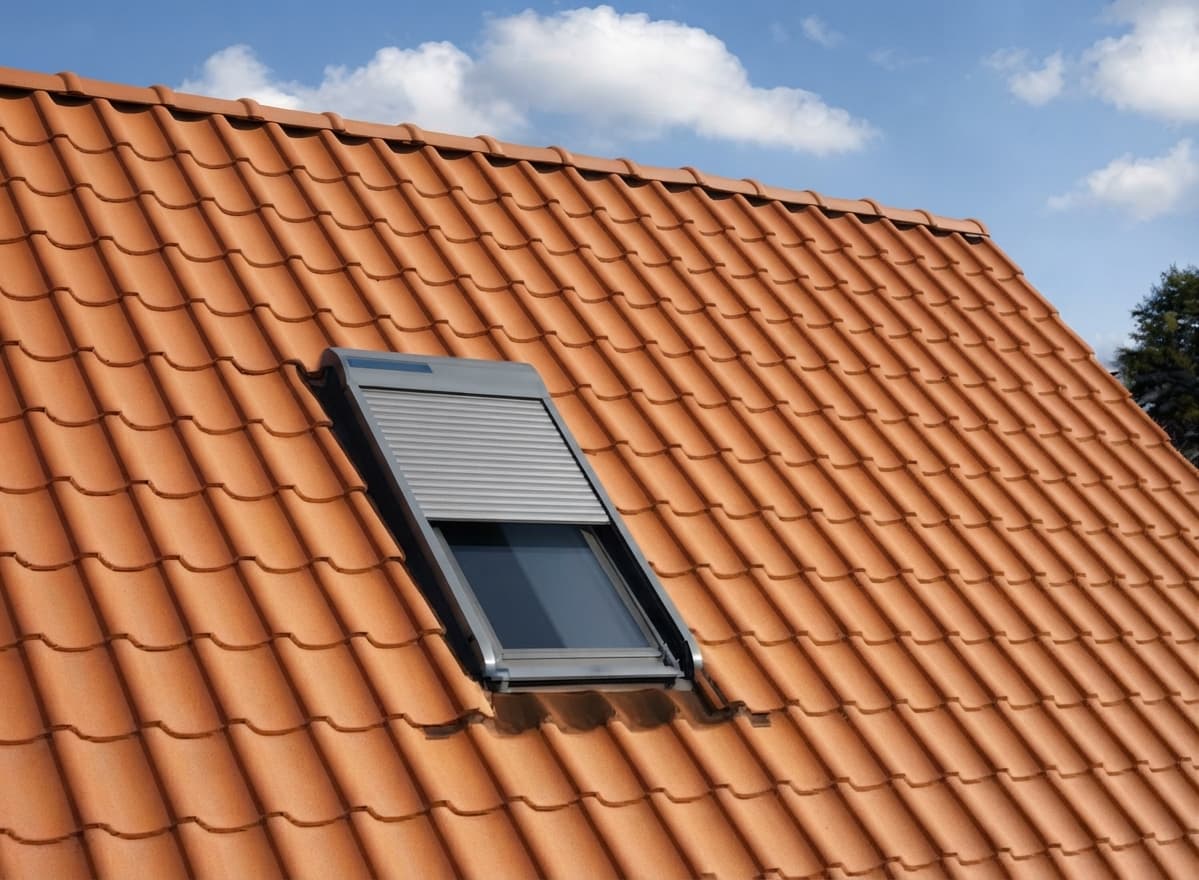 Fenêtre de toit avec volet roulant gris sur des tuiles orange sous un ciel bleu.