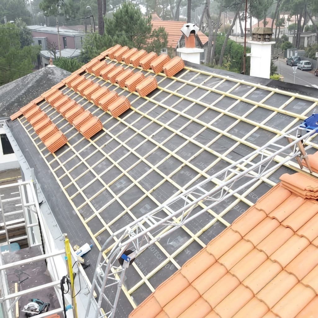 Toit en rénovation avec des tuiles orange empilées sur une structure de liteaux en bois.