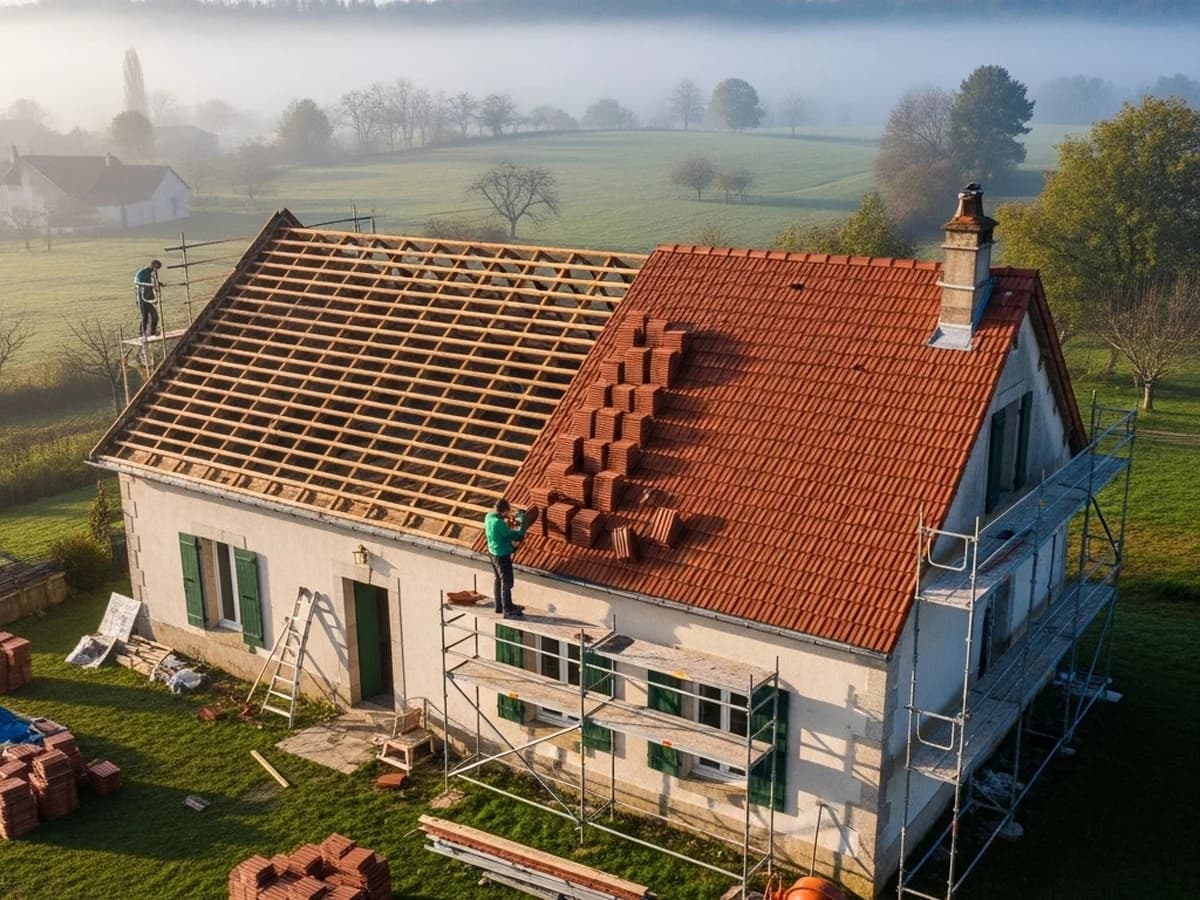 Rénovation d'une toiture en tuiles rouges sur une maison de campagne avec des échafaudages.