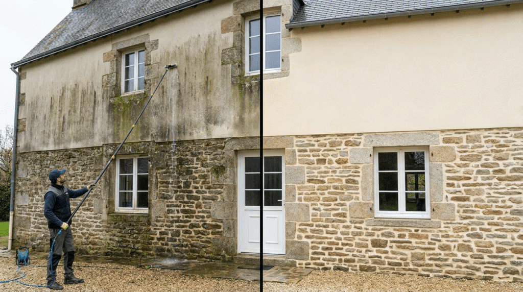 Un homme nettoie une façade de maison, montrant le contraste entre sale et propre.